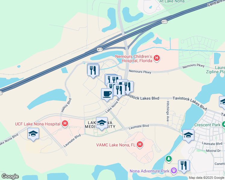 map of restaurants, bars, coffee shops, grocery stores, and more near 6900 Tavistock Lakes Boulevard in Orlando
