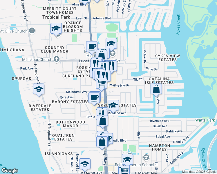map of restaurants, bars, coffee shops, grocery stores, and more near 890 North Courtenay Parkway in Merritt Island