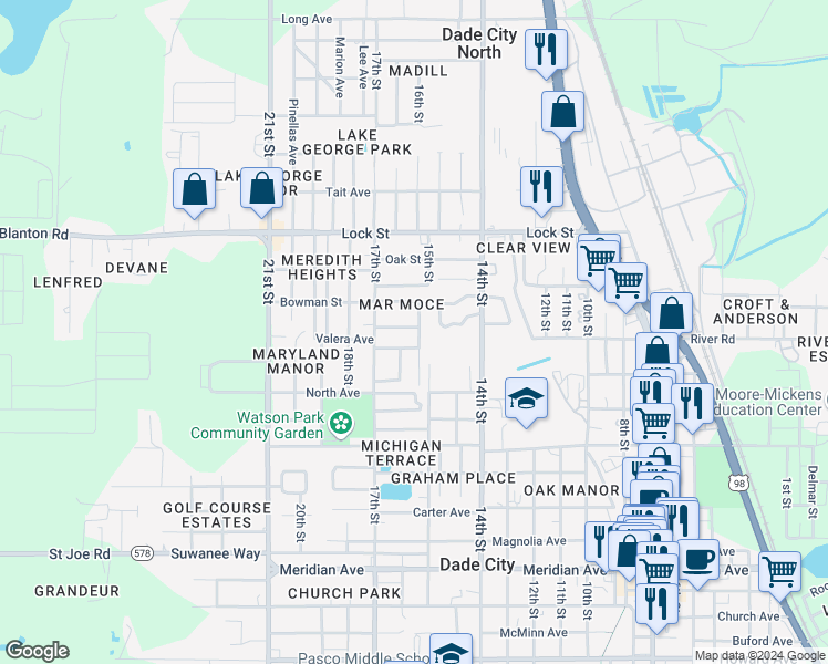 map of restaurants, bars, coffee shops, grocery stores, and more near 37322 Marshall Drive in Dade City