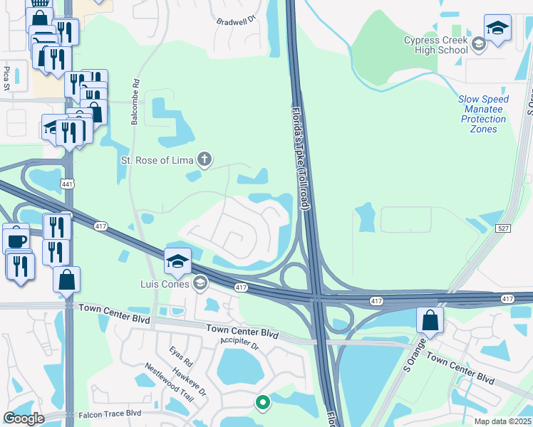 map of restaurants, bars, coffee shops, grocery stores, and more near 1164 Kempton Chase Parkway in Orlando