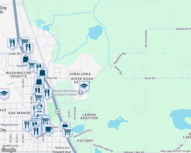 map of restaurants, bars, coffee shops, grocery stores, and more near 38483 River Road in Dade City