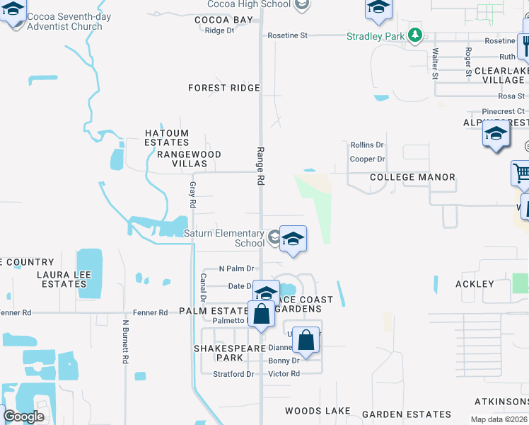 map of restaurants, bars, coffee shops, grocery stores, and more near 1043 North Range Road in Cocoa
