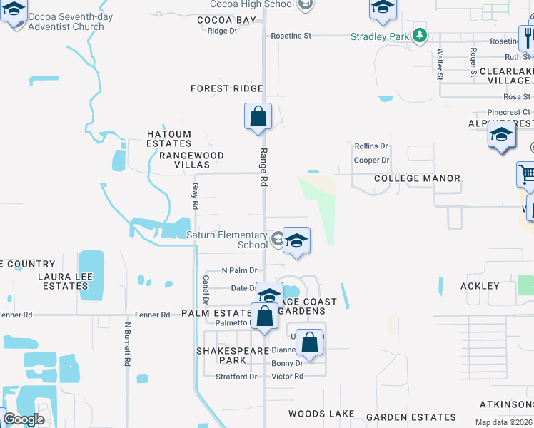 map of restaurants, bars, coffee shops, grocery stores, and more near 1043 North Range Road in Cocoa