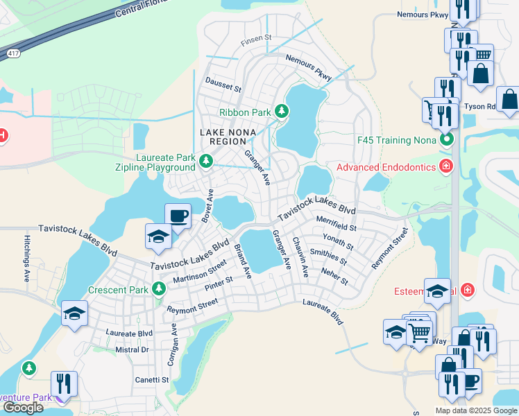 map of restaurants, bars, coffee shops, grocery stores, and more near 13416 Beebe Alley in Orlando