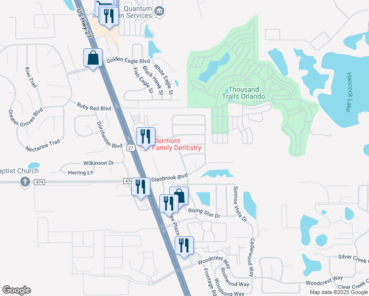 map of restaurants, bars, coffee shops, grocery stores, and more near 16616 Palm Spring Drive in Clermont
