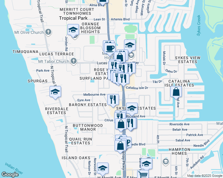 map of restaurants, bars, coffee shops, grocery stores, and more near 95 Wales Avenue in Merritt Island