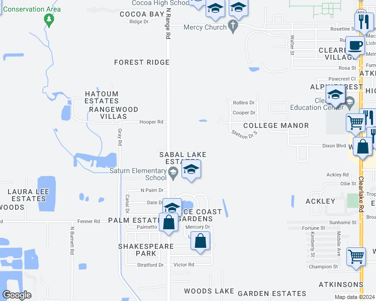 map of restaurants, bars, coffee shops, grocery stores, and more near 2428 Kathi Kim Street in Cocoa