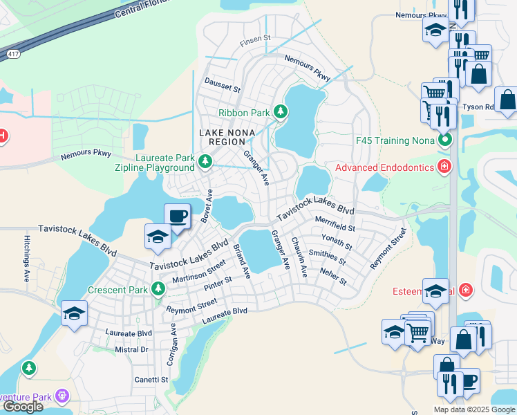 map of restaurants, bars, coffee shops, grocery stores, and more near 13416 Beebe Alley in Orlando