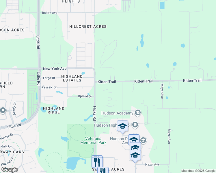 map of restaurants, bars, coffee shops, grocery stores, and more near 14811 Thompson Ave in Hudson