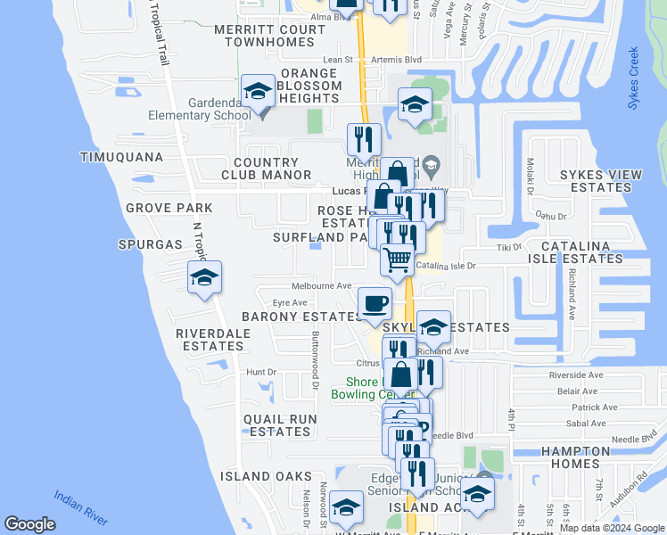 map of restaurants, bars, coffee shops, grocery stores, and more near 928 Date Avenue in Merritt Island