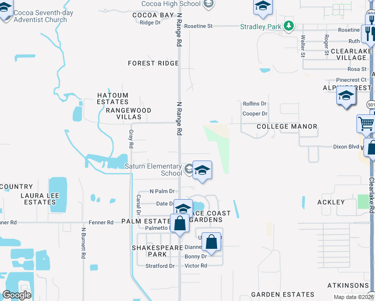 map of restaurants, bars, coffee shops, grocery stores, and more near 2453 Kathi Kim Street in Cocoa