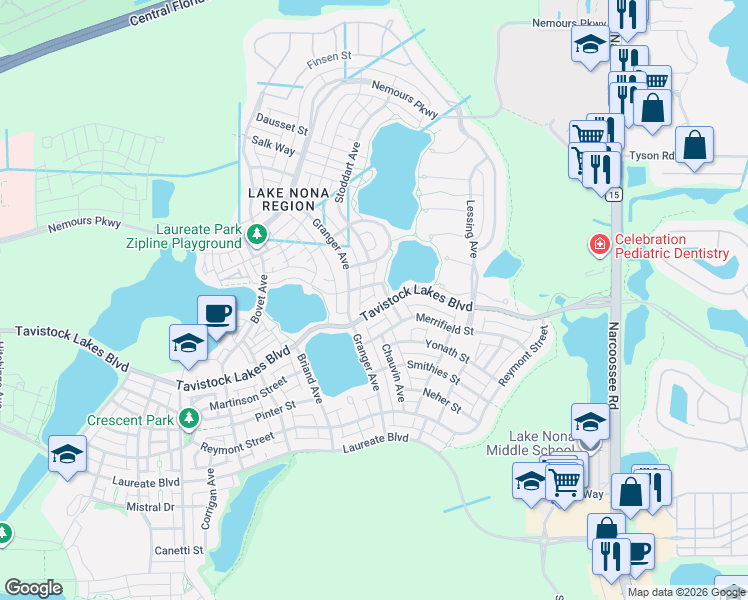 map of restaurants, bars, coffee shops, grocery stores, and more near 8728 Tavistock Lakes Boulevard in Orlando