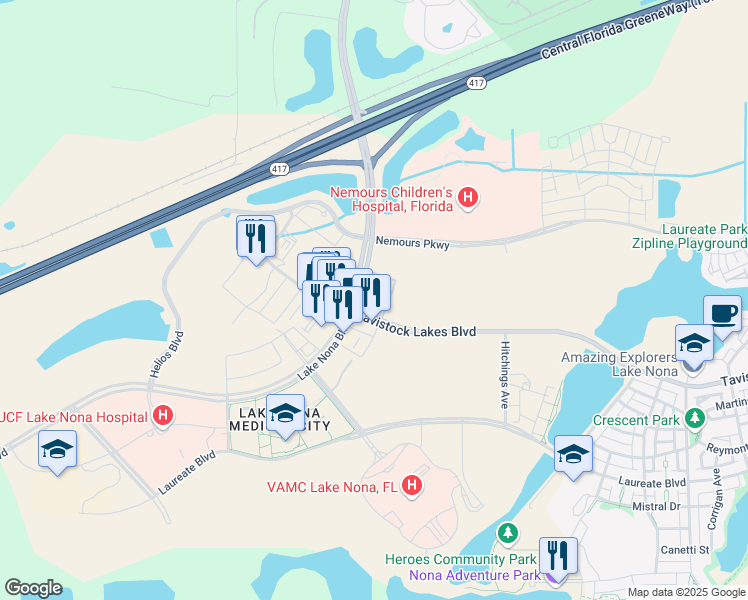map of restaurants, bars, coffee shops, grocery stores, and more near 23 Tavistock Lakes Boulevard in Orlando