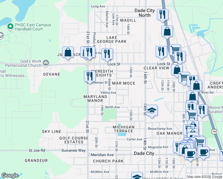 map of restaurants, bars, coffee shops, grocery stores, and more near 14733 17th Street in Dade City