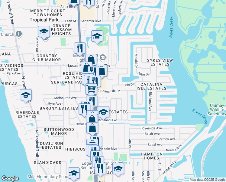 map of restaurants, bars, coffee shops, grocery stores, and more near 914 Martinique Drive in Merritt Island