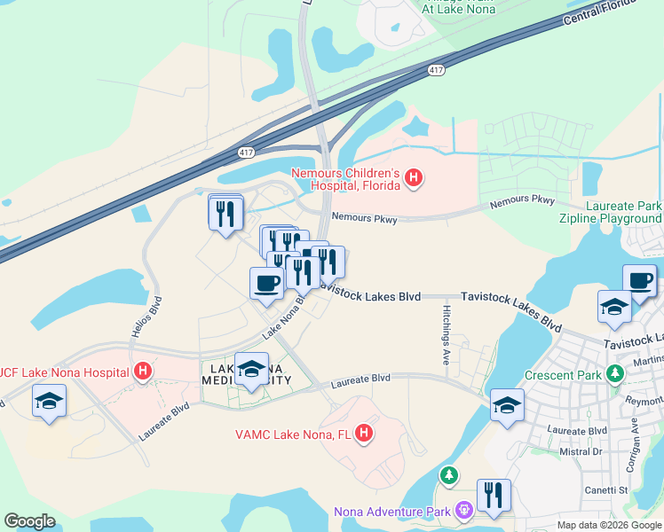 map of restaurants, bars, coffee shops, grocery stores, and more near 7010 Lake Nona Boulevard in Orlando
