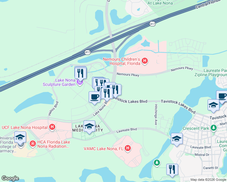map of restaurants, bars, coffee shops, grocery stores, and more near 6900 Tavistock Lakes Boulevard in Orlando