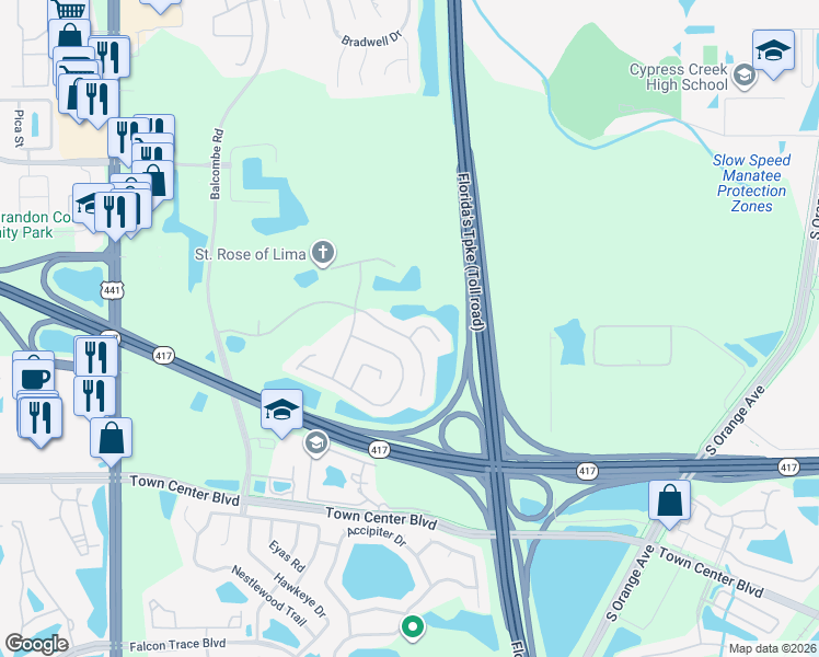 map of restaurants, bars, coffee shops, grocery stores, and more near 1164 Kempton Chase Parkway in Orlando