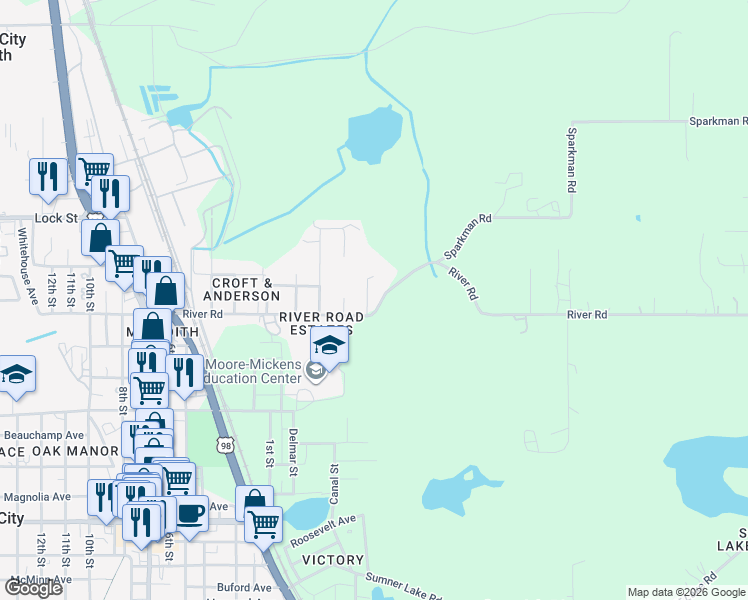 map of restaurants, bars, coffee shops, grocery stores, and more near 38483 River Road in Dade City