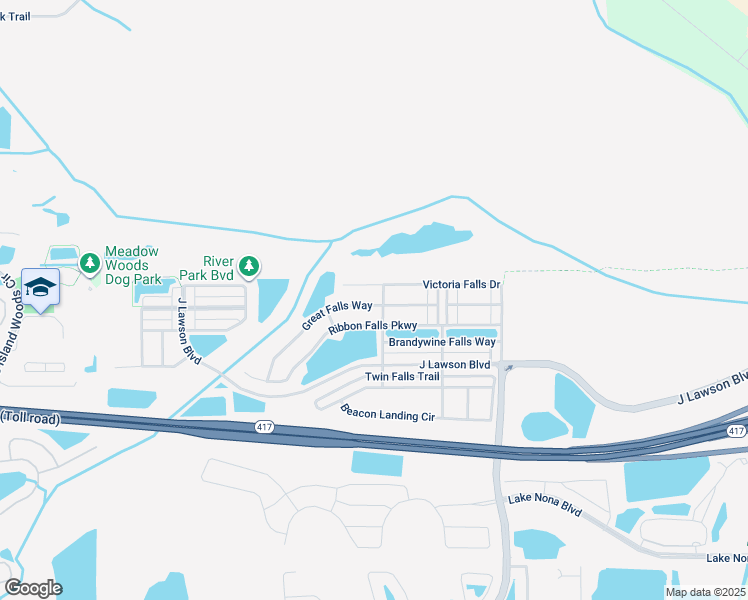 map of restaurants, bars, coffee shops, grocery stores, and more near 2077 Great Falls Way in Orlando