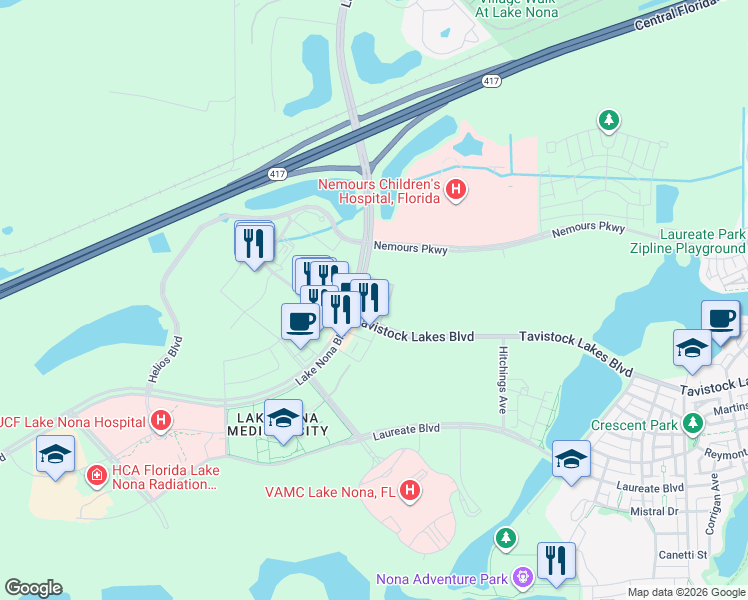 map of restaurants, bars, coffee shops, grocery stores, and more near 23 Tavistock Lakes Boulevard in Orlando
