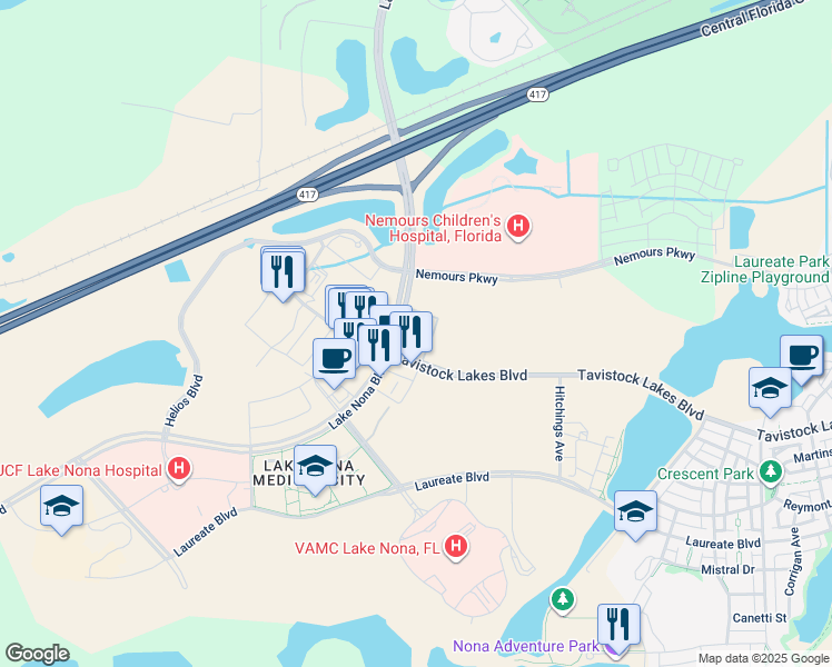 map of restaurants, bars, coffee shops, grocery stores, and more near 23 Tavistock Lakes Boulevard in Orlando