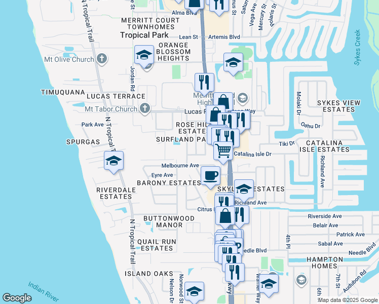 map of restaurants, bars, coffee shops, grocery stores, and more near 940 Date Avenue in Merritt Island