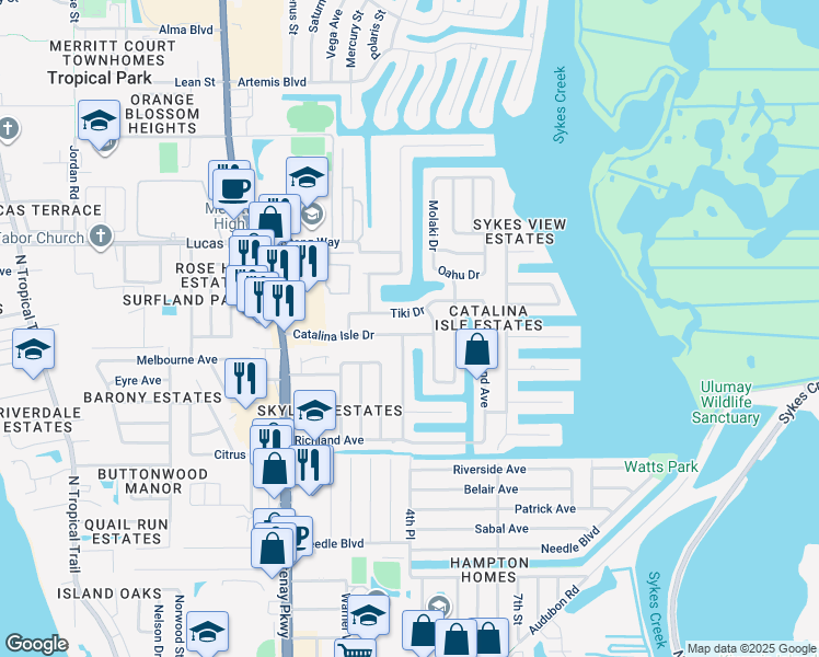 map of restaurants, bars, coffee shops, grocery stores, and more near 220 Catalina Isle Drive in Merritt Island