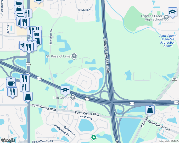 map of restaurants, bars, coffee shops, grocery stores, and more near 1215 Kempton Chase Parkway in Orlando