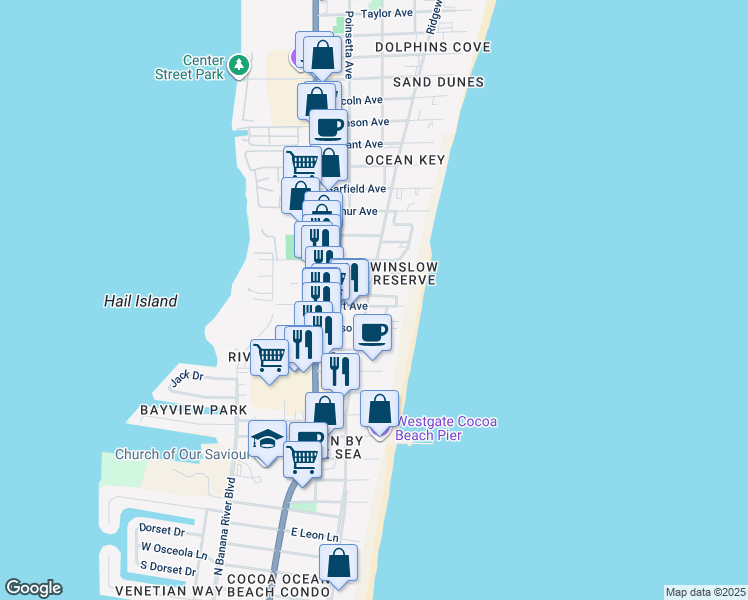 map of restaurants, bars, coffee shops, grocery stores, and more near 6017 Turtle Beach Lane in Cocoa Beach