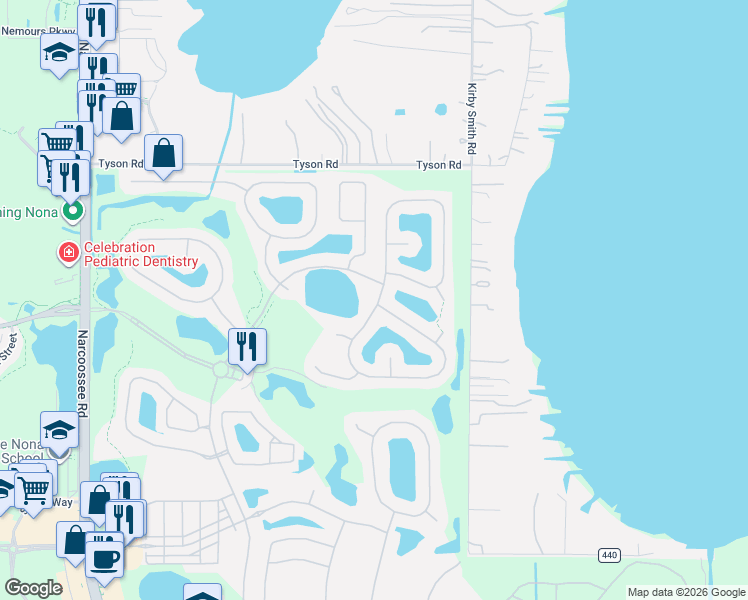 map of restaurants, bars, coffee shops, grocery stores, and more near 13424 Budworth Circle in Orlando