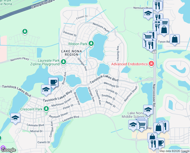 map of restaurants, bars, coffee shops, grocery stores, and more near 8728 Tavistock Lakes Boulevard in Orlando