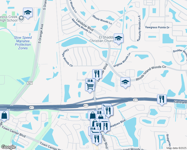 map of restaurants, bars, coffee shops, grocery stores, and more near 1021 Landstar Park Drive in Orlando