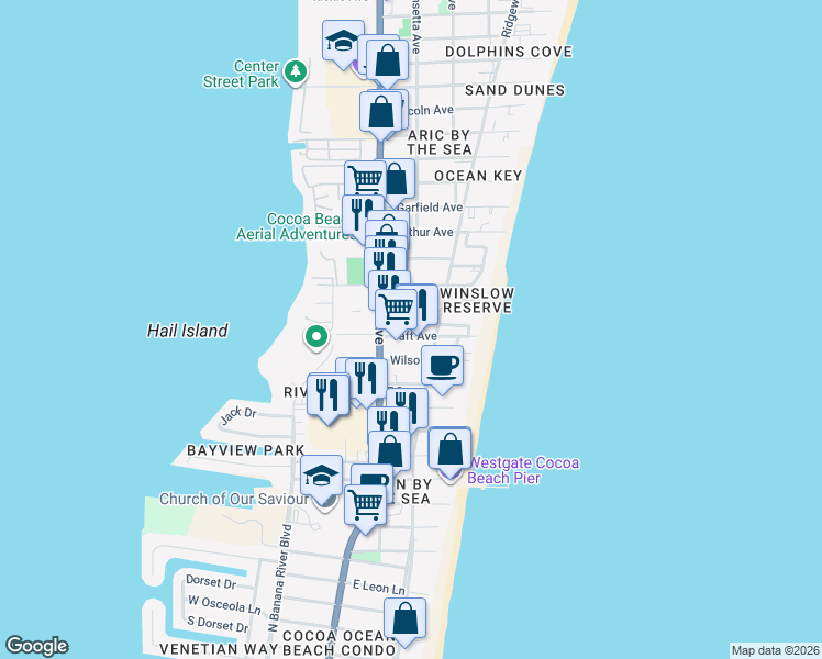 map of restaurants, bars, coffee shops, grocery stores, and more near 6063 Ridgewood Avenue in Cocoa Beach