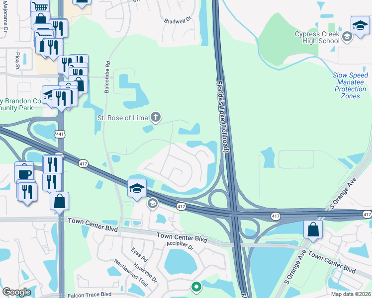 map of restaurants, bars, coffee shops, grocery stores, and more near 1164 Kempton Chase Parkway in Orlando