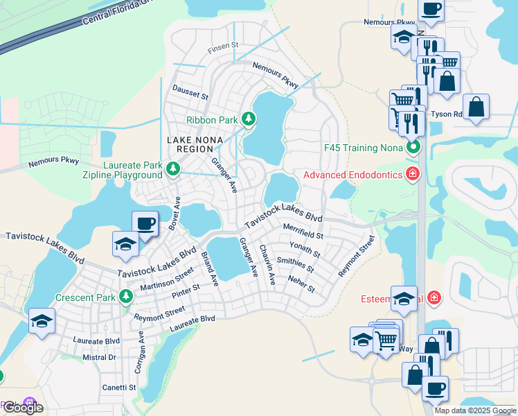 map of restaurants, bars, coffee shops, grocery stores, and more near 8728 Tavistock Lakes Boulevard in Orlando