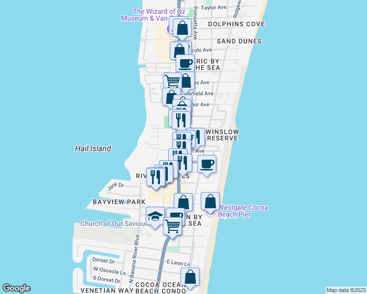 map of restaurants, bars, coffee shops, grocery stores, and more near 6006 North Atlantic Avenue in Cape Canaveral