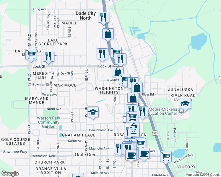 map of restaurants, bars, coffee shops, grocery stores, and more near 14800 11th Street in Dade City