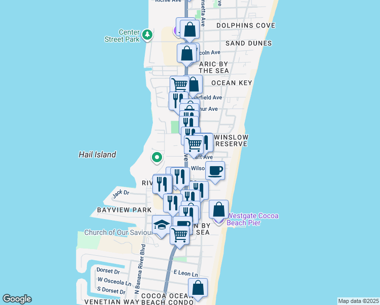 map of restaurants, bars, coffee shops, grocery stores, and more near 6006 North Atlantic Avenue in Cape Canaveral