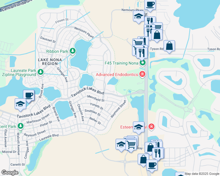 map of restaurants, bars, coffee shops, grocery stores, and more near 13575 Lessing Avenue in Orlando