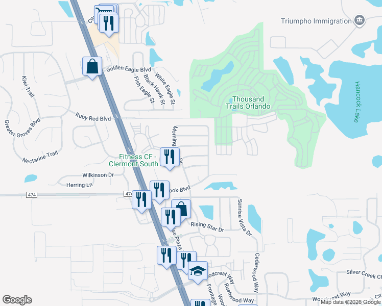 map of restaurants, bars, coffee shops, grocery stores, and more near 16711 Hidden Spring Drive in Clermont