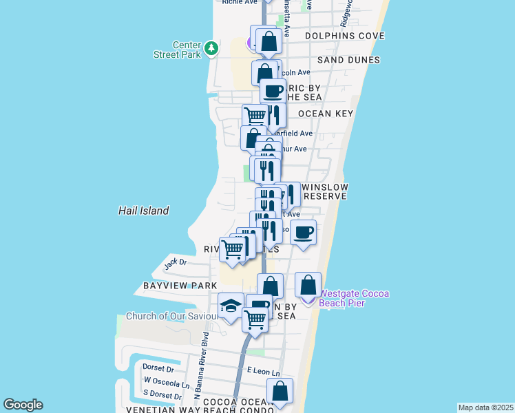map of restaurants, bars, coffee shops, grocery stores, and more near 6200 North Atlantic Avenue in Cape Canaveral