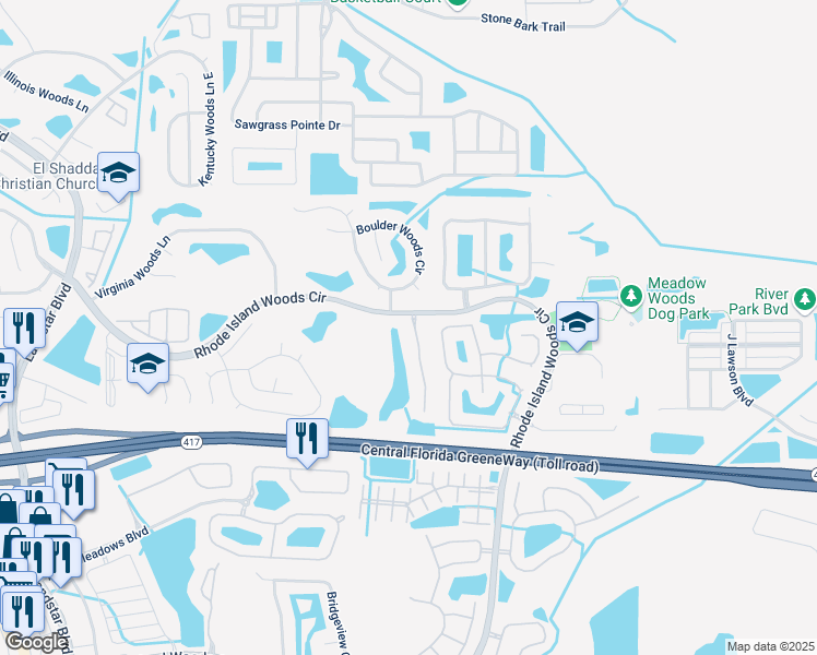 map of restaurants, bars, coffee shops, grocery stores, and more near 13300 Fairway Glen Drive in Orlando