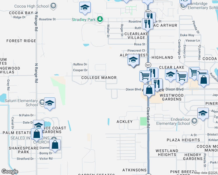 map of restaurants, bars, coffee shops, grocery stores, and more near 1901 Exeter Drive in Cocoa