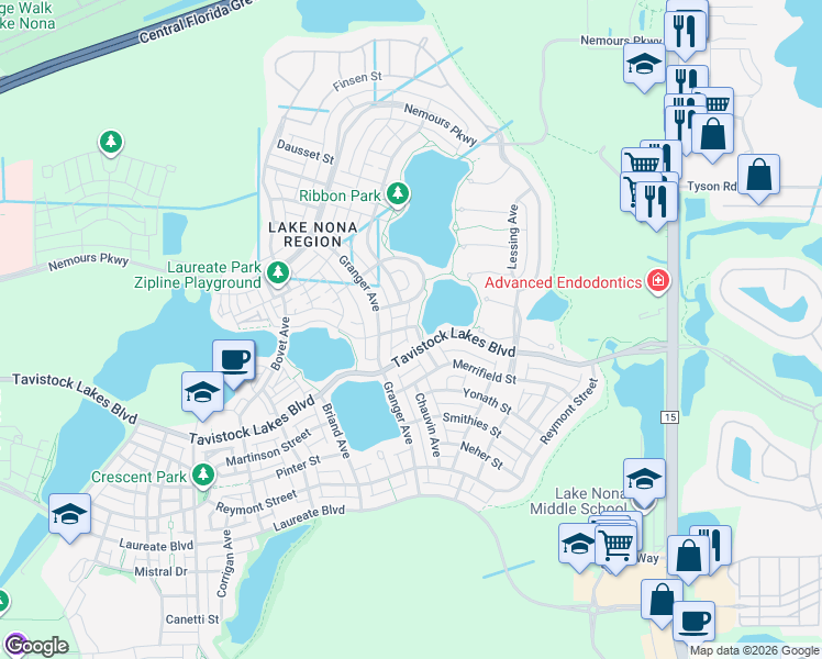 map of restaurants, bars, coffee shops, grocery stores, and more near 13471 Granger Avenue in Orlando