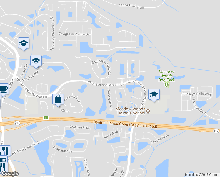 map of restaurants, bars, coffee shops, grocery stores, and more near 1117 Miami Woods Court in Orlando
