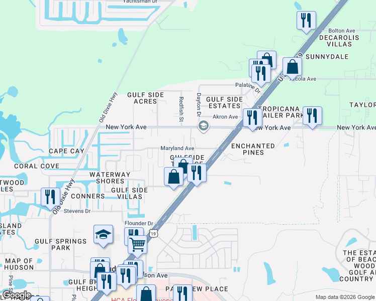 map of restaurants, bars, coffee shops, grocery stores, and more near 7708 Maryland Avenue in Hudson