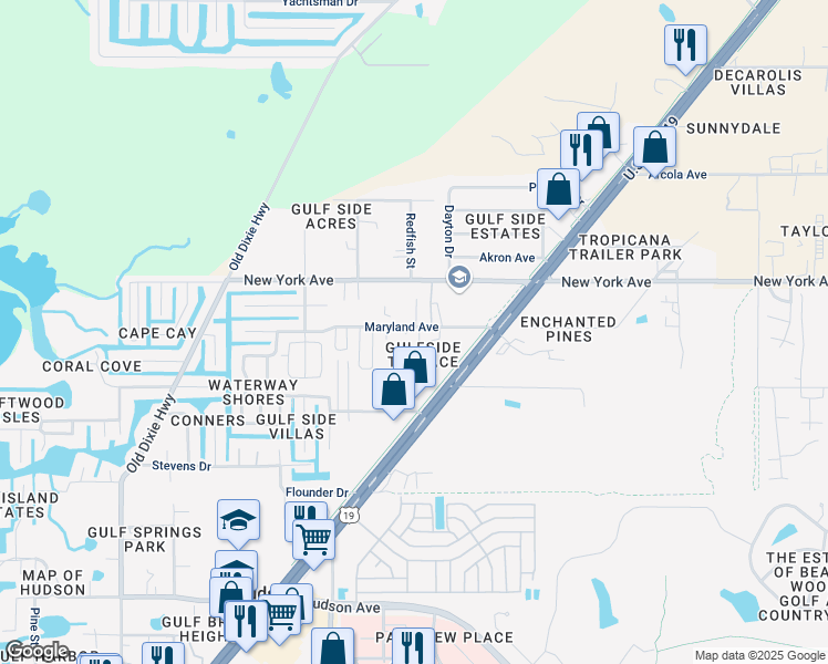 map of restaurants, bars, coffee shops, grocery stores, and more near 7638 Maryland Avenue in Hudson