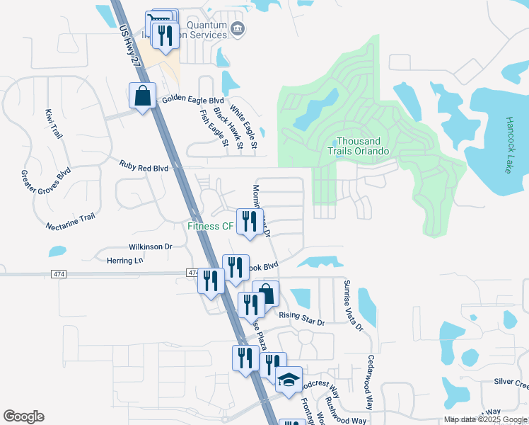 map of restaurants, bars, coffee shops, grocery stores, and more near 1722 Morning Star Drive in Clermont