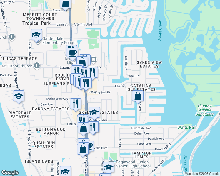 map of restaurants, bars, coffee shops, grocery stores, and more near 980 Casa Blanca Drive in Merritt Island